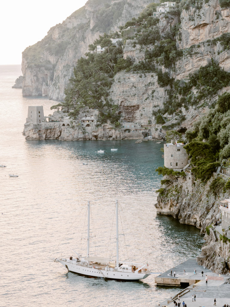 Sailboat docked off the Amalfi Coast in Positano, Italy