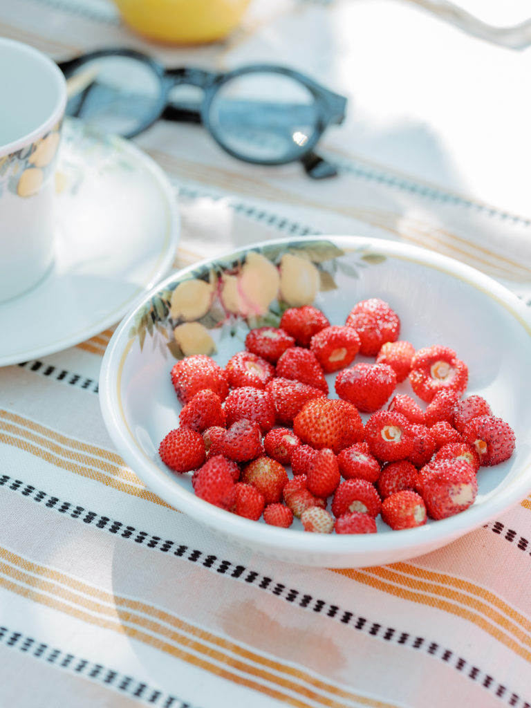 Raspberries in a white bowl. 