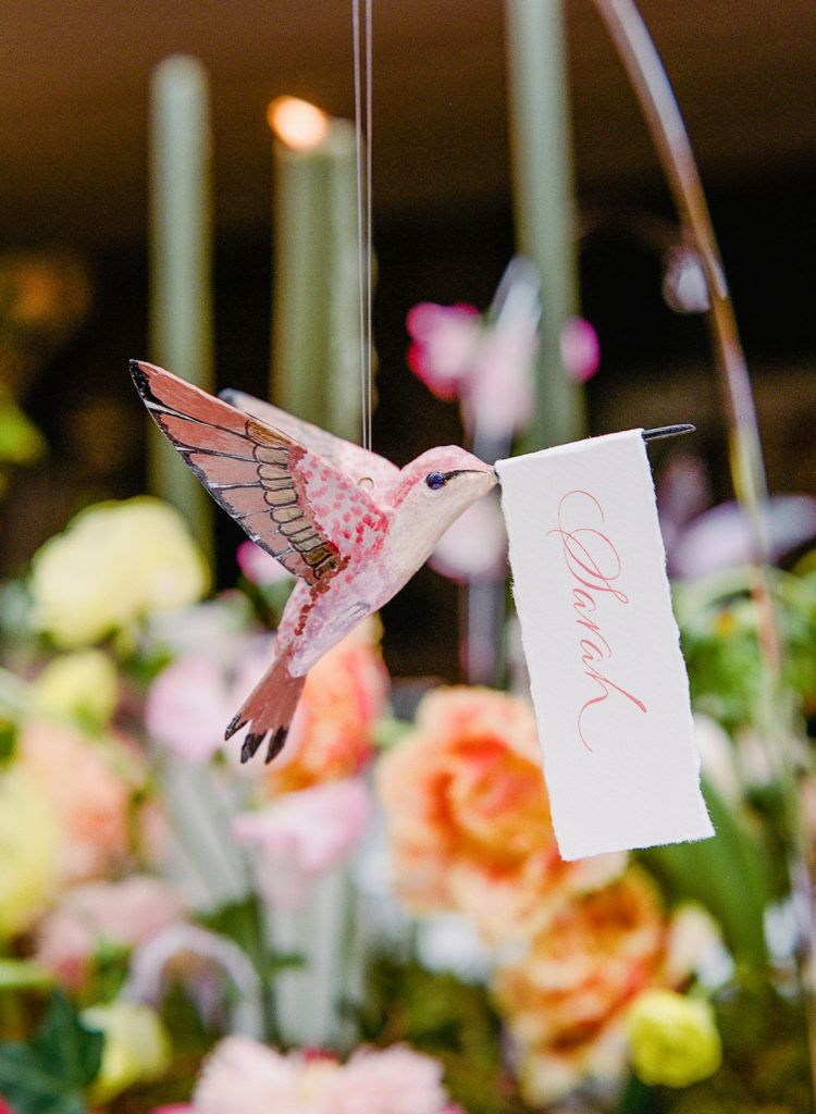 Floating hummingbird place card holder at the Palazzo Avino restaurant