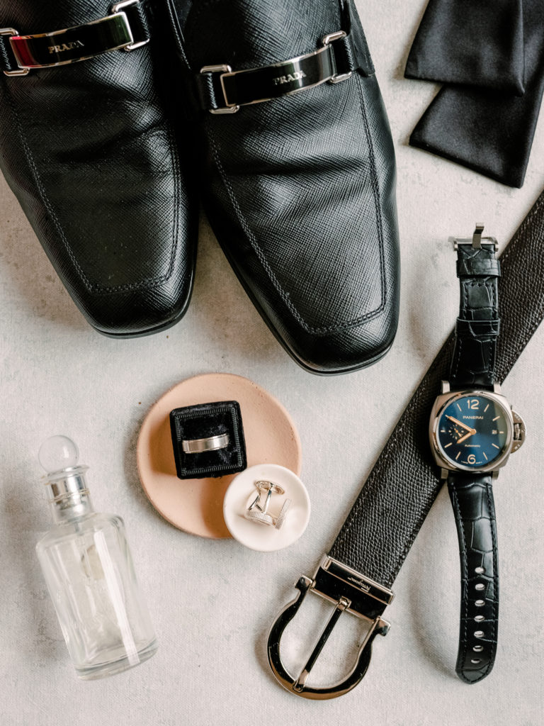 Groom's Wedding rings, watch, cufflinks and shoes