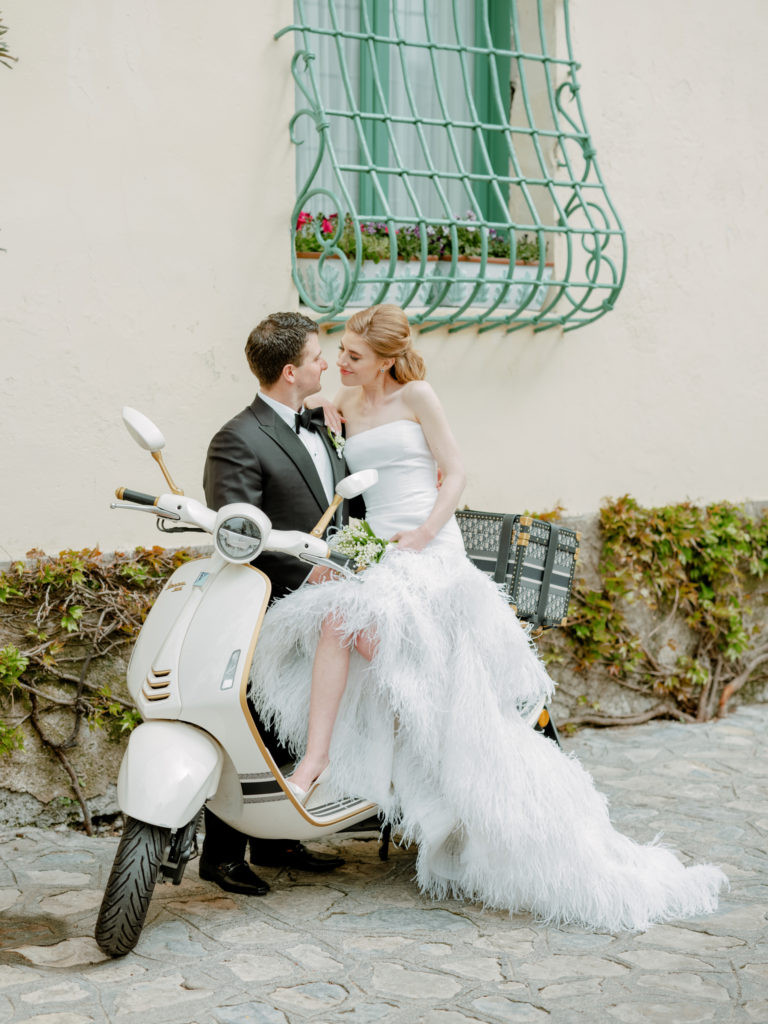 Amalfi Coast wedding bride and groom on a moped
